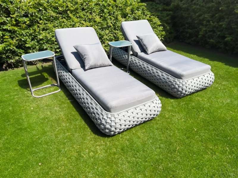 Sun lounger set 2-piece dark gray wicker / light grey...